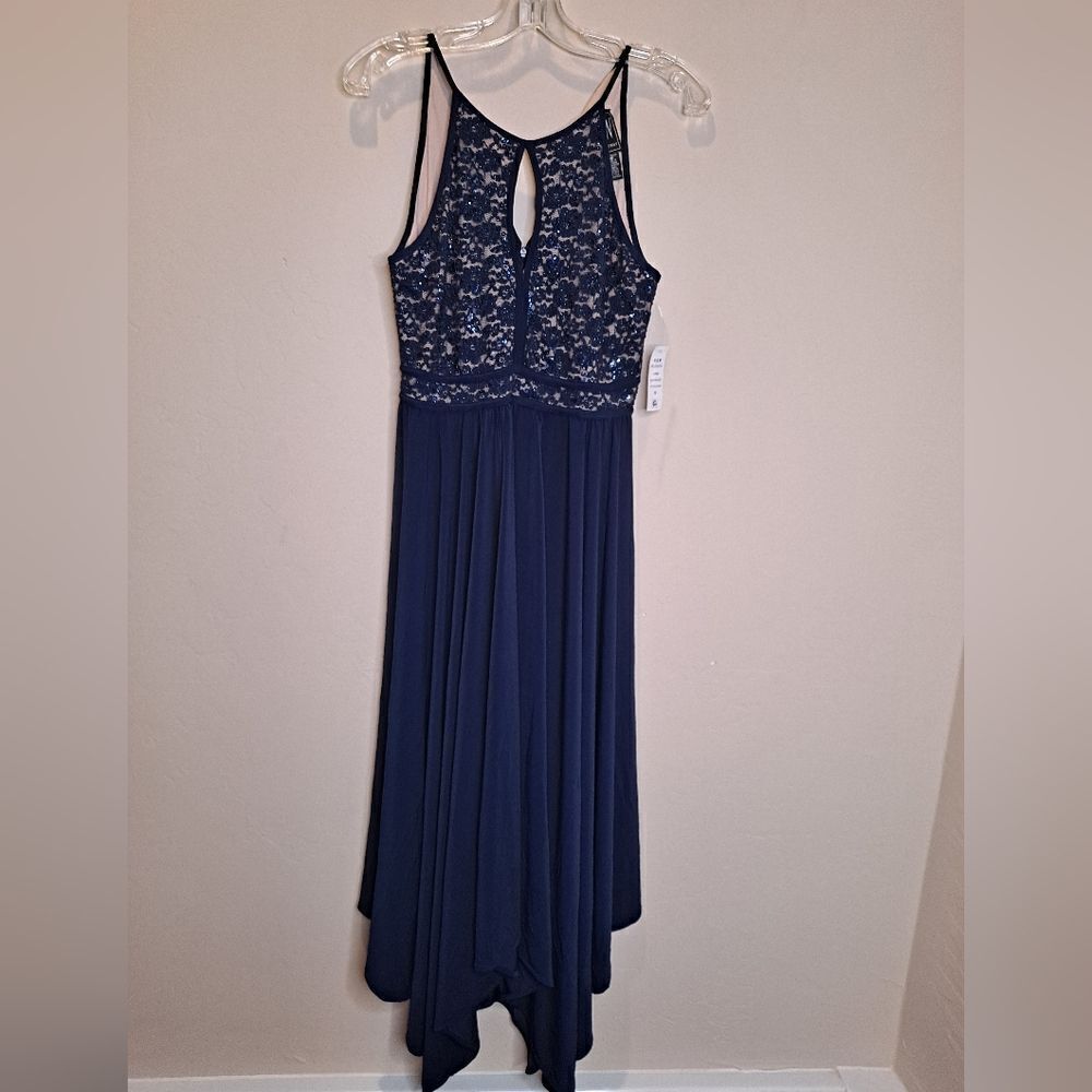 NIGHTWAY Long Beaded Lace Halter  Jersey Style. Size 10. R&M Richards Navy NWOT